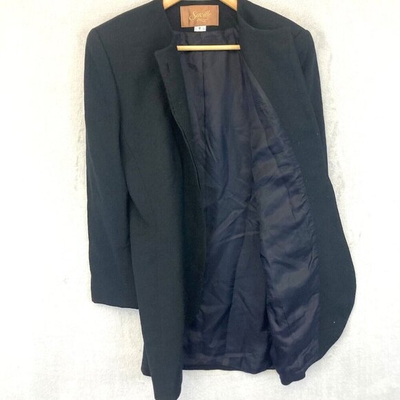 Vintage Saville 100% Wool Long Blazer Jacket Womens 8 Black Office Collarless - Picture 3 of 16